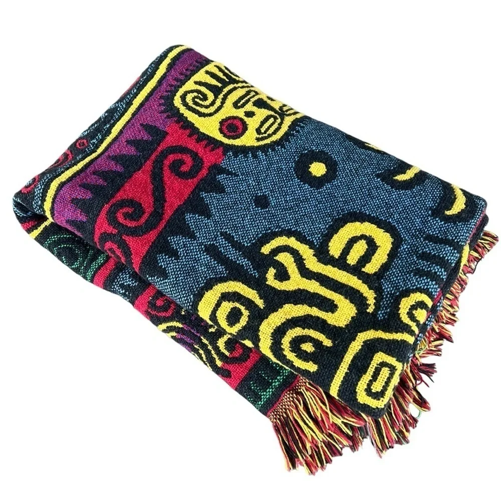 Mayan Aztec Native Woven Throw Fringed Bright Multicolor Tribal Design 49x72 GUC
